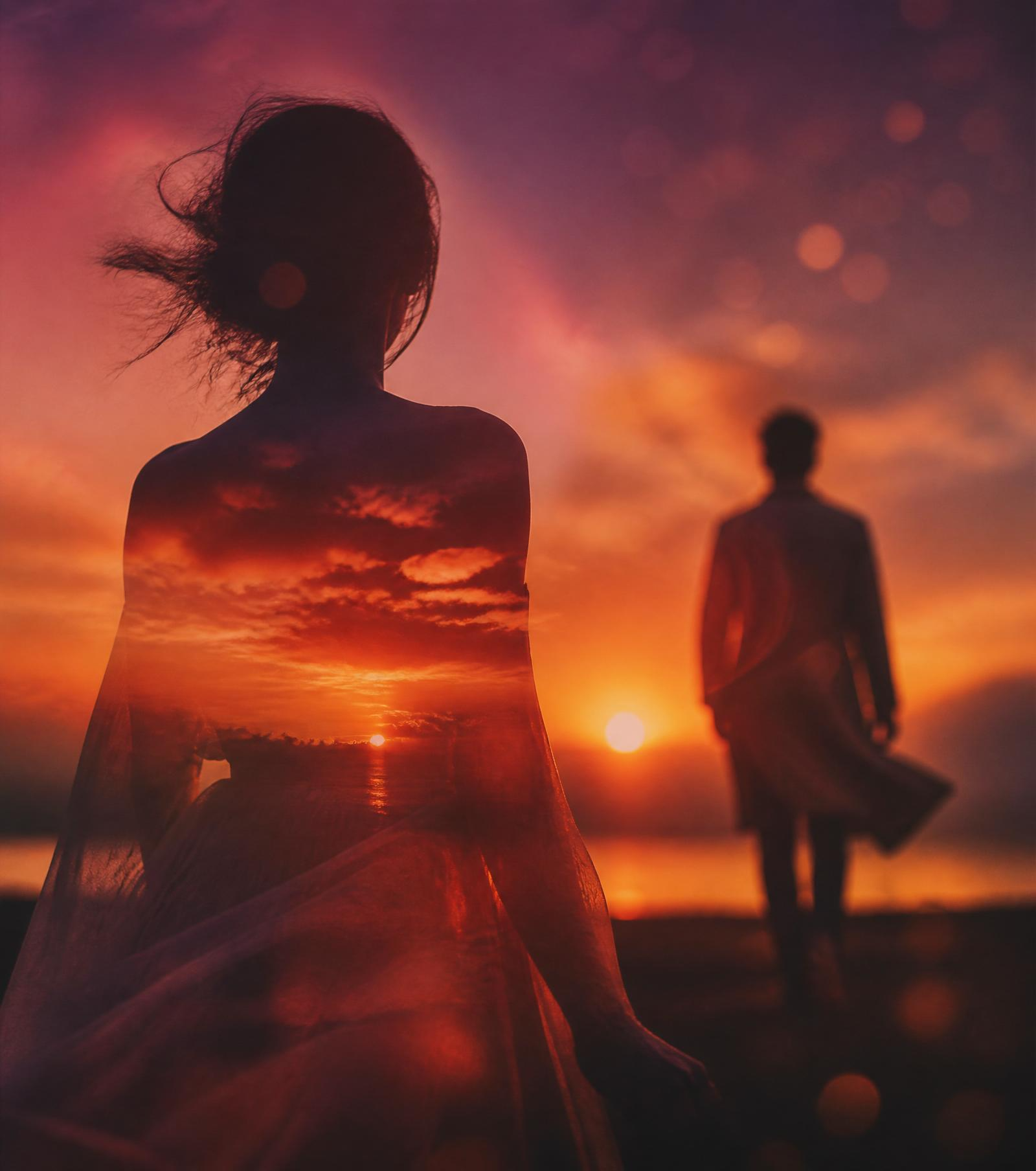 Two silhouettes on a sunset beach — a woman in the foreground and a man walking toward her in full view